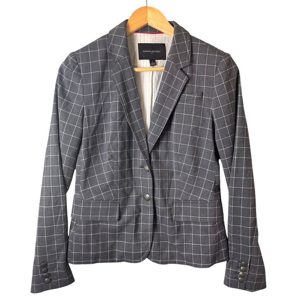 Banana Republic Blazer Women’s Small gray Plaid Preppy windowpane Academia Crest